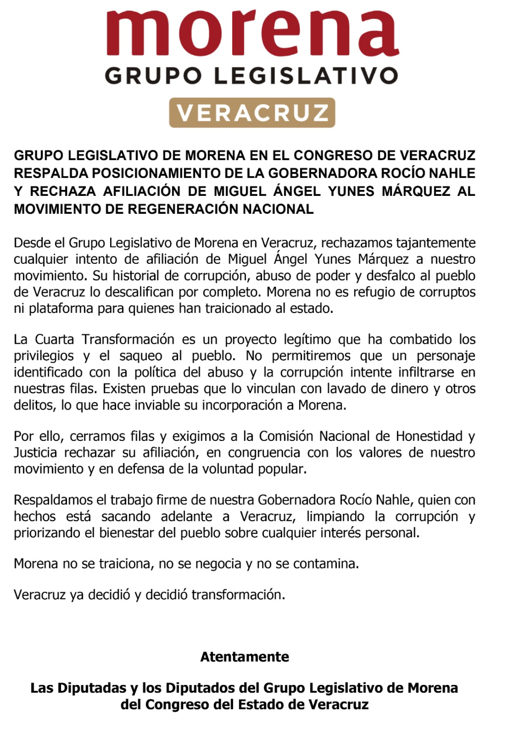 ¡No a la afiliación de Miguel Ángel Yunes Márquez!; rechaza Grupo Legislativo de Morena en Veracruz