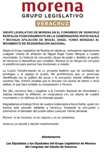 ¡No a la afiliación de Miguel Ángel Yunes Márquez!; rechaza Grupo Legislativo de Morena en Veracruz
